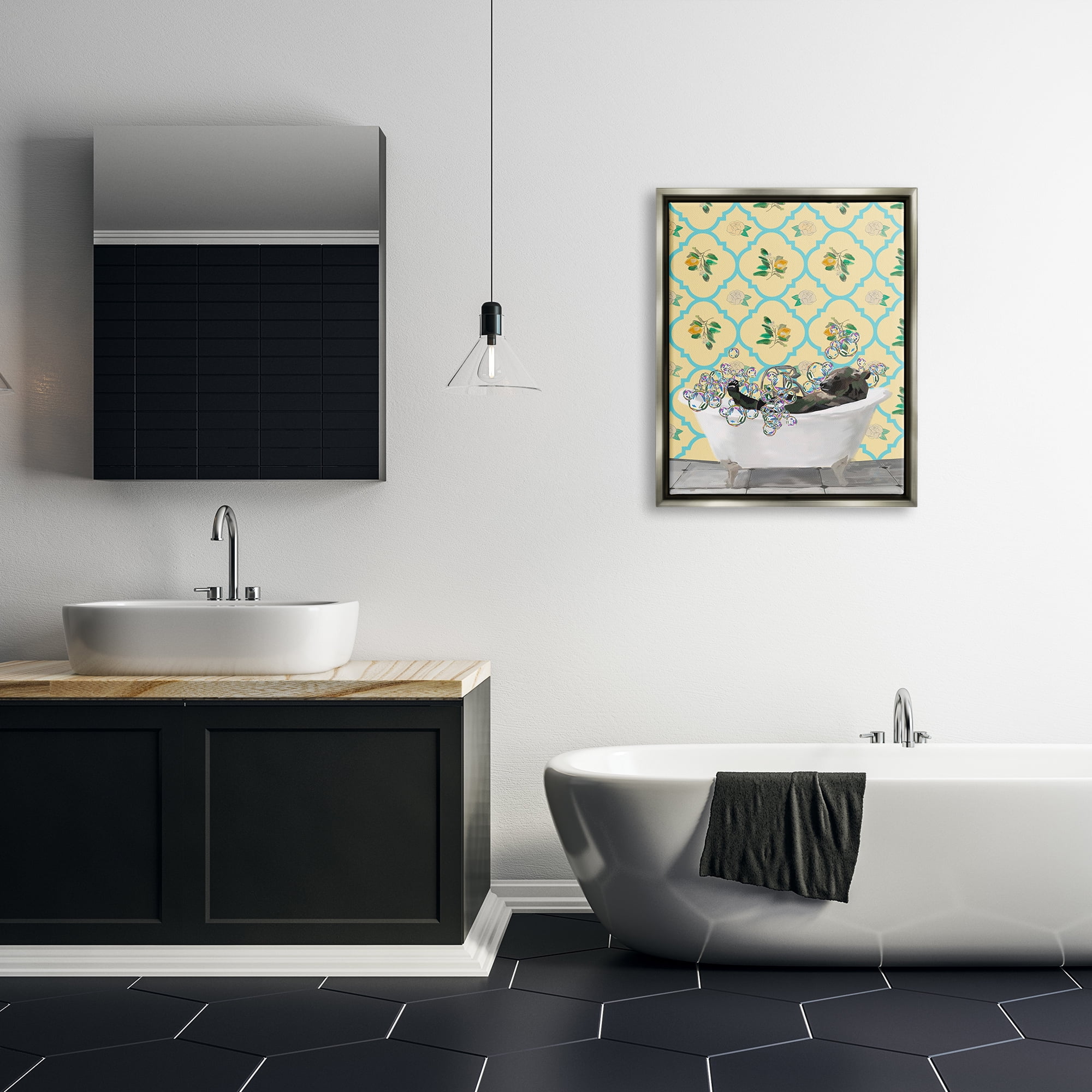 Stupell Industries Bear in Patterned Bathroom Animals & Insects Painting Gray Floater Framed Art Print Wall Art, 25 x 31