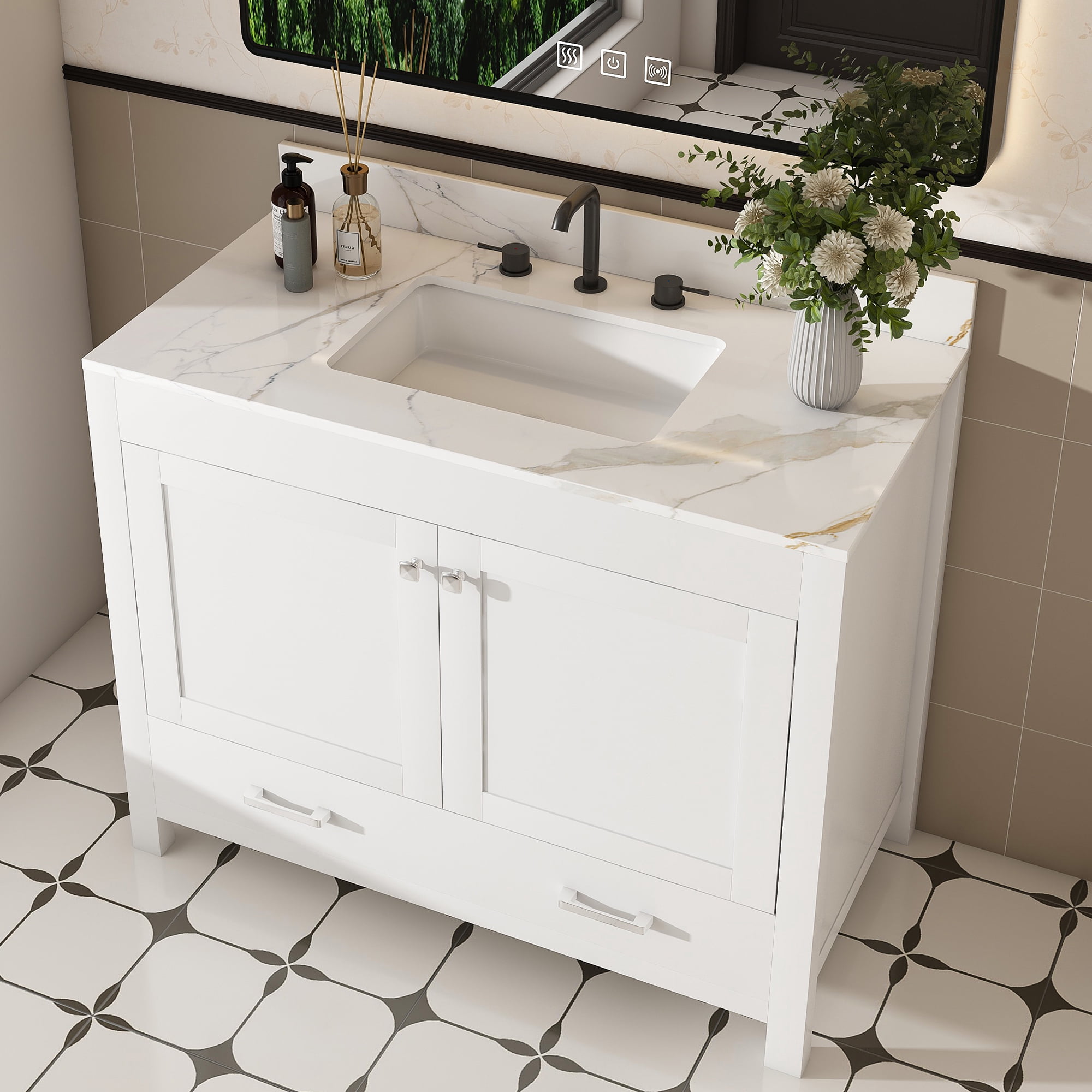 Mintazer 43 Inch Bathroom Vanity Cabinet with Sink, Bathroom Storage Vanity with Drawer & 3‑Hole Ceramic Sink Sintered Stone Countertop, Backsplash for Bathroom, White