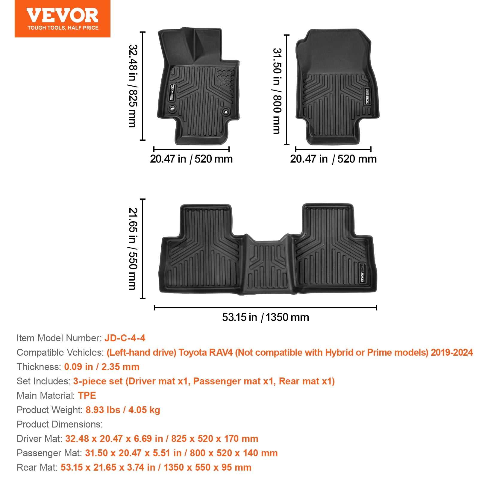VEVOR Automotive Floor Mats, Fits for Toyota RAV4 (Not for Hybrid or Prime) 2019-2024, 3 pcs Front and 2nd Row Liners, All Weather Custom Fit TPE Vehicle Floor Mats, Easy to Clean for SUV, Black