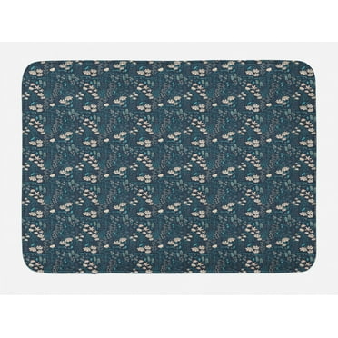 Floral Bath Mat, Botanical Concept Illustration of Flowers and Herbs, Plush Bathroom Decor Mat with Non Slip Backing, 29.5" X 17.5", Petrol Blue Peach, by Ambesonne