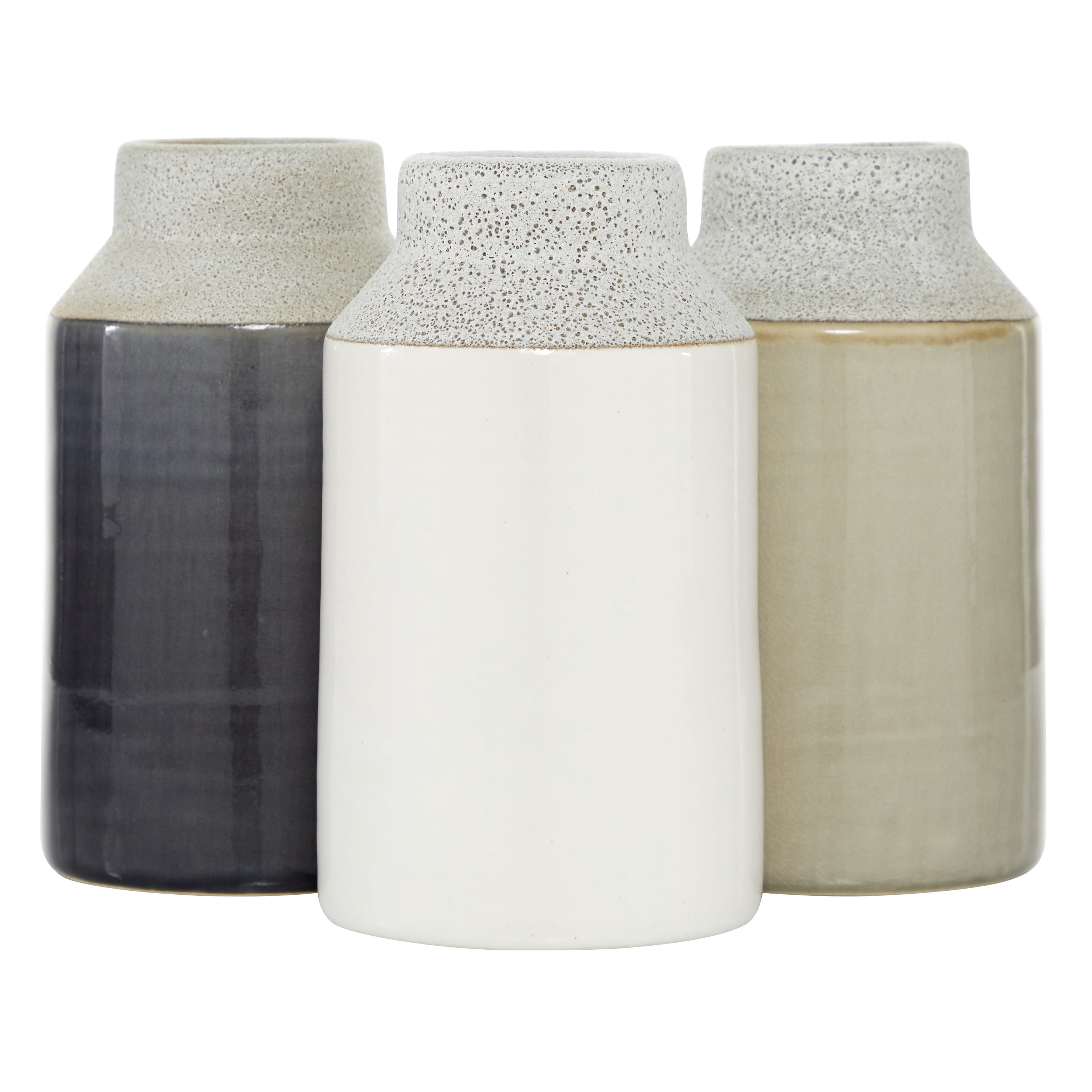 DecMode Ceramic Earthy, Coastal ,Minimalist, Neutral Vase Set of 3 5"W, 8"H, Matte and Textured Glaze Finish, in White, Beige and Charcoal Gray