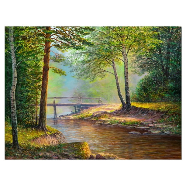 Design Art Designart River With Bridge In Summer Forest Landscapes Print On Wrapped Canvas Green Walmart Com Walmart Com