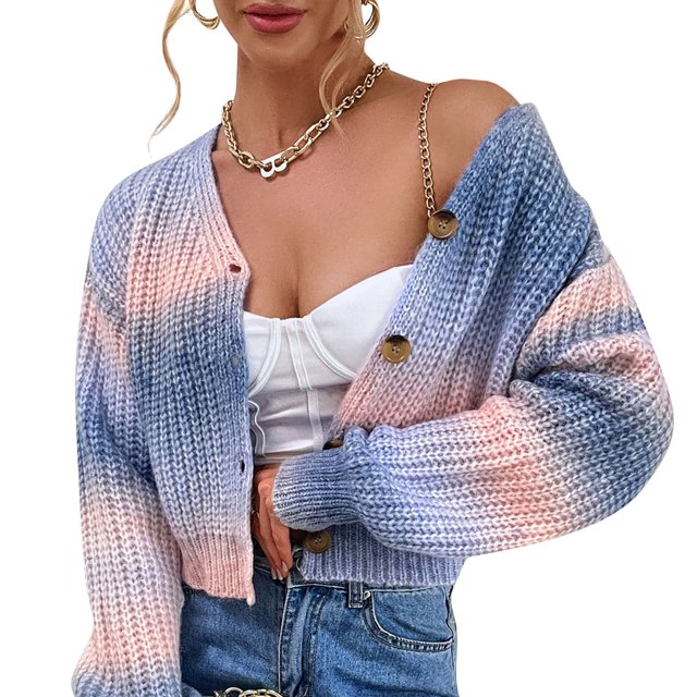 Cárdigan de punto con cuello en V y manga larga con botones y teñido anudado para mujer Abanopi Grande
