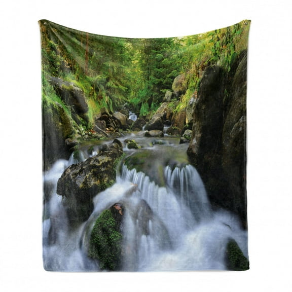 Nature Soft Flannel Fleece Throw Blanket, National Park with Cascade Flowing into the Woods Mother Earth Image, Cozy Plush for Indoor and Outdoor Use, 50" x 70", Fern Green Dark Grey, by Ambesonne