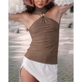 thumbnail image 5 of Women Halter Neck Pleated Twist Front Tank Tops Trendy Slim Fit Sleeveless Hollow Out Halter Top Clubwear Brown M, 5 of 9