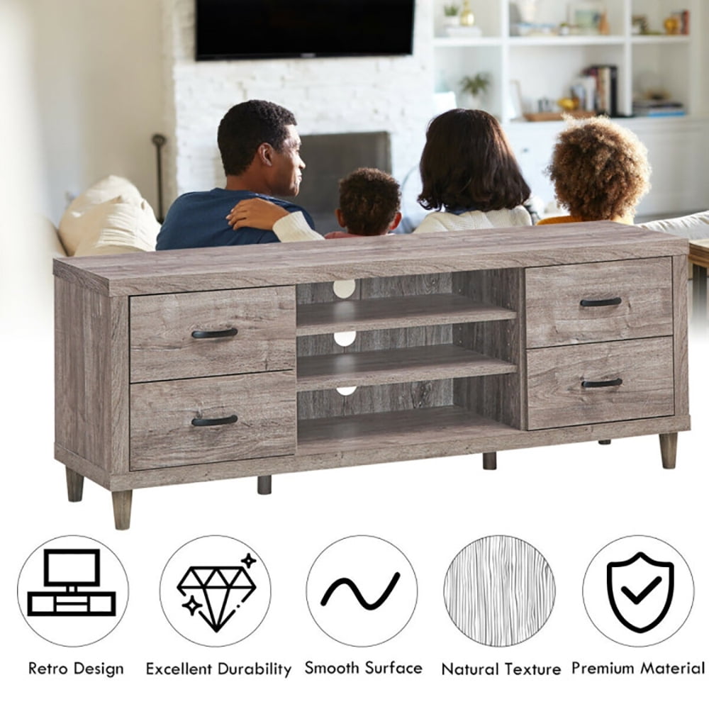 Finihen TV Stand, TV Cabinet, Retro Wooden TV Stand with 3 Open Shelves and 4 Drawers, Media Entertainment Center with Storage, for Living Room, Bedroom, Brown