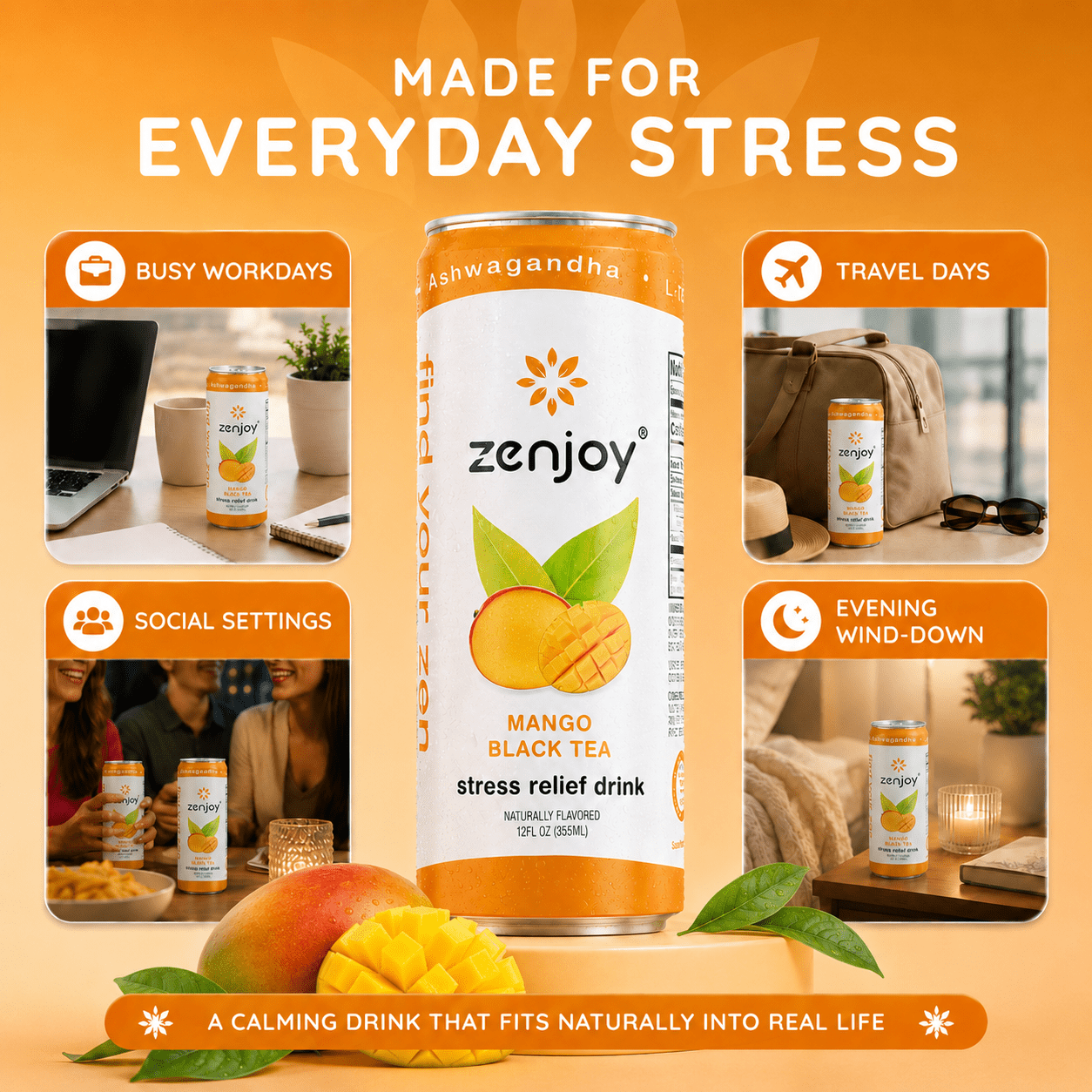 Zenjoy Stress Reief Drink, Calming Black Tea, Non Alcoholic, Ashwagandha & Lemon Balm for Stress Relief, L - Theanine for Focus (12 Pack) (Mango)