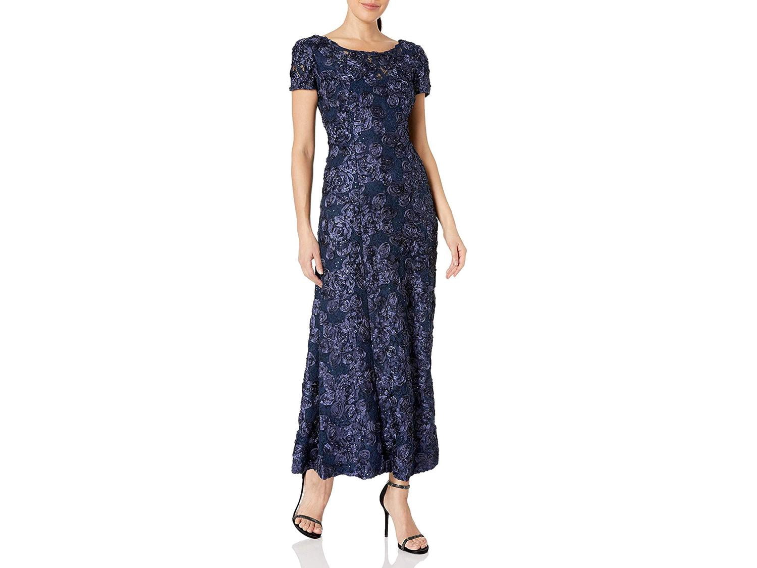 Rosette Sleeve Gown with Sequin, Navy 
