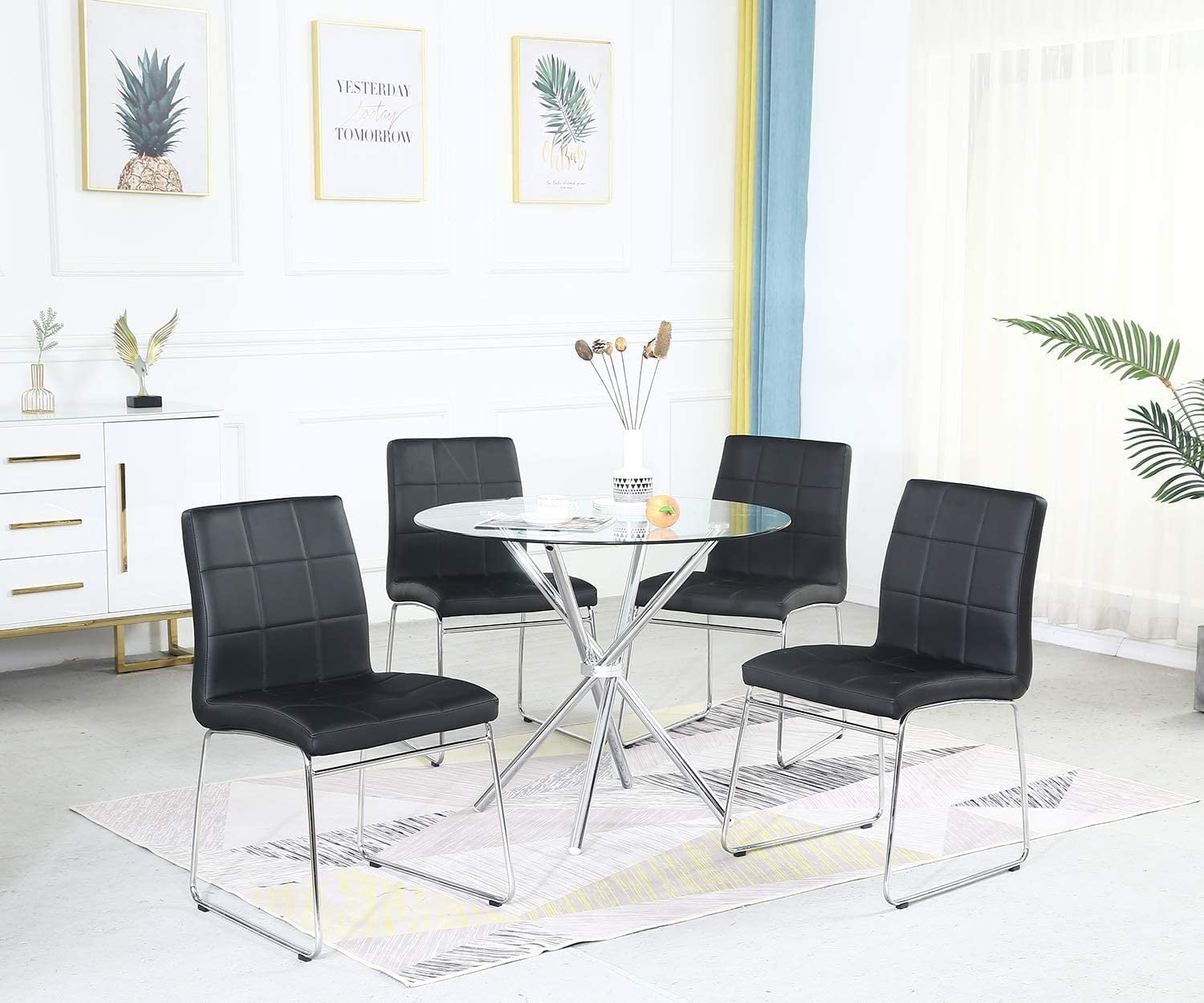Details about   Black Tempered Glass Round Dining Table 2/4 Chairs Set PU Leather Chrome Legs 