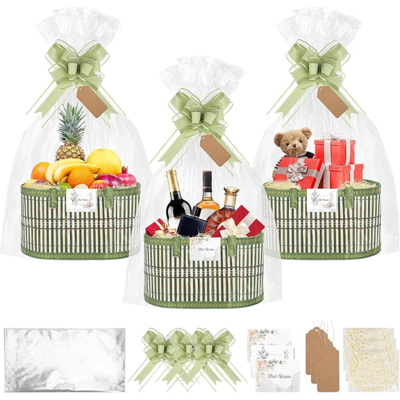 YANTONG 3 Pack Baskets for Gifts Empty, Woven Bamboo G-ift Basket Kit with Wrap Bags, Gift Card, Raffia and Pull Bows, Gifts Baskets for Birthday, Wedding, 30 x 20 x 15 cm - Green