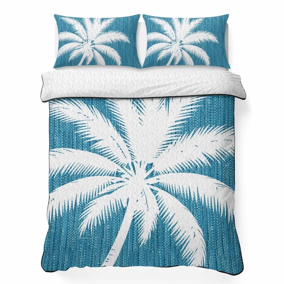 Quilts Full Size Bedding Set, Tropical Palm Tree Lightweight Quilted Comforter, Turquoise Summer Coastal Coconut Leaves Soft Reversible Bedspread Coverlet with Pillow Covers for All Season, 78" x 90"