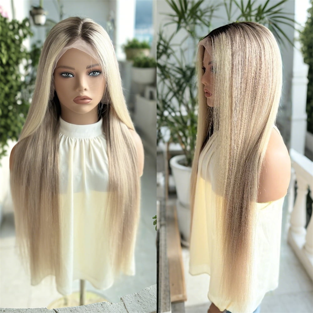 Tender Pearl Beige Blonde Highlight Roots Dark Virgin Human Hair Wigs Balayage Long Straight Wig Human Hair With Baby Hair Glueless Invisible HD Transparent Lace Front Human Hair Wigs 180% Density
