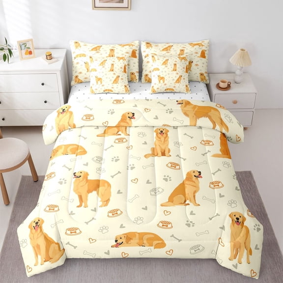 Homewish Golden Retriever Animal 7-Piece Twin Bedding,Dog Paws Bone Bedding Comforter Set,Yellow,Reversible