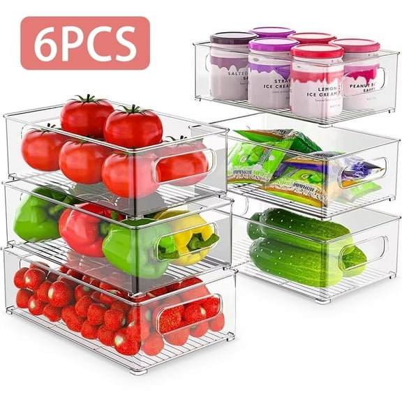 Set of 6 Refrigerator Organizer Bin Clear Plastic Stackable Fridge Freezer Storage Container for Pantry Kitchen Cabinet Organization and Storage