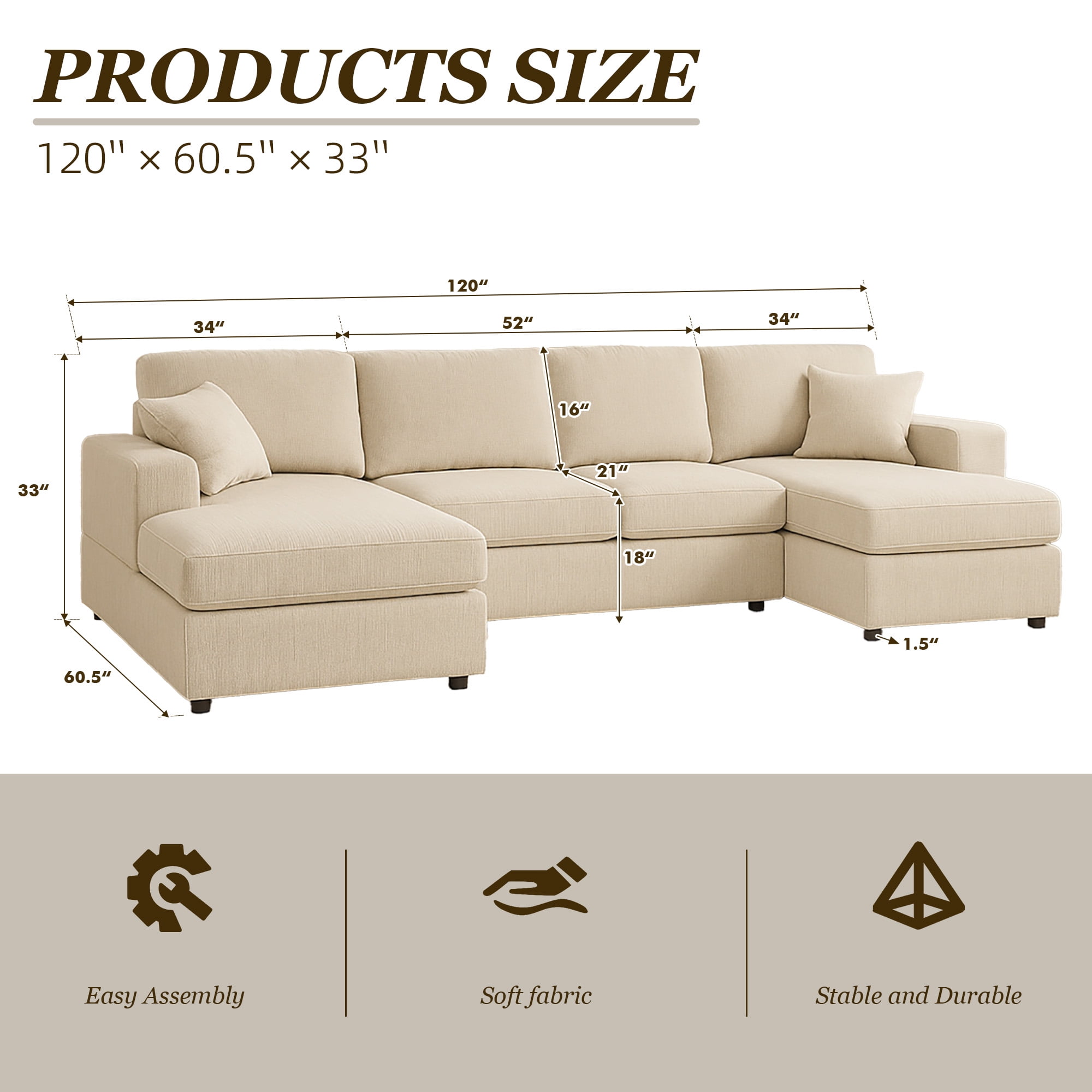 MOONMISS Sectional Sofas with Double Chaise, U-Shaped Cloud Comfy Couches for Living Room, 4 Seats, Beige
