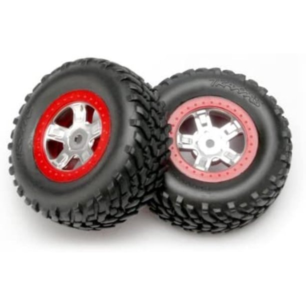 Traxxas 7073a 1 16th Scale Sct Off Road Racing Tires Pre Glued On Red Beadlock Style Satin Chrome Wheels Pair Use Traxxas Stock And Hop Up Replacement Parts To By Visit The Traxxas Store Walmart Com