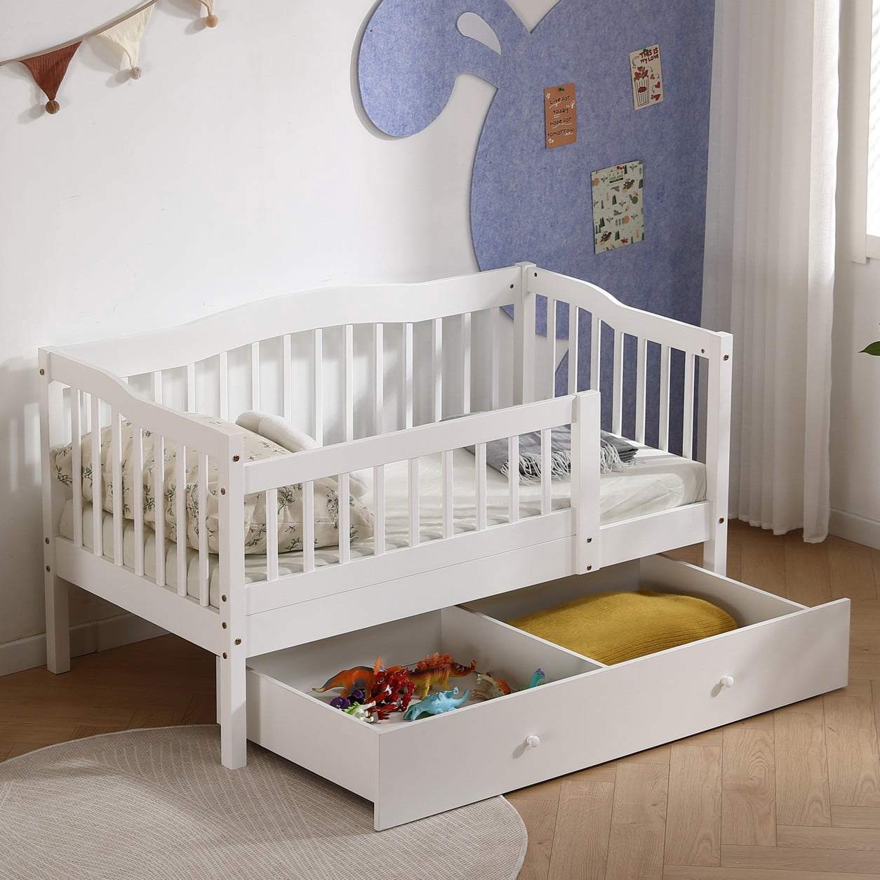 Ktaxon Toddler Daybed with Storage Drawers, Wood Kids Platform Bed Frame with Rails, No Box Spring Needed, Easy Assembly - White