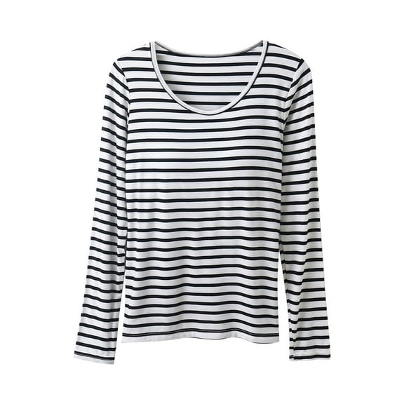AherBiu Womens Plus Size Pajama Tops Built in Bra Stripes Long Sleeve Crew Neck Sleepwear Comfy Top Tees