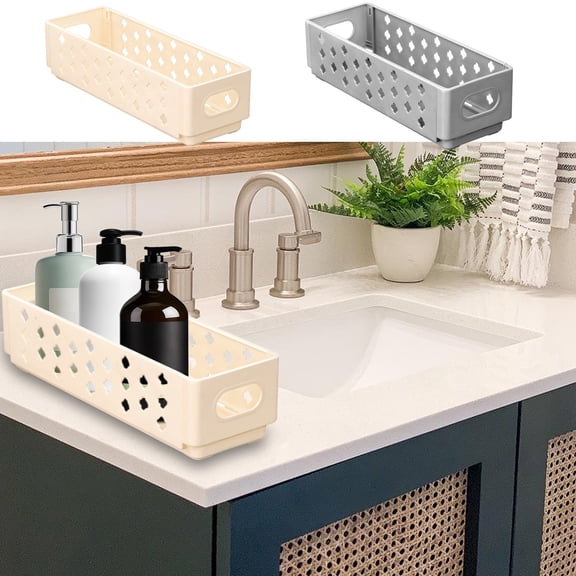 CuiLiyq Small Foldable Storage Box, 10.4" x 3.4", Plastic Organizer Bin with Handles for Vanity Kitchen Desk, Beige