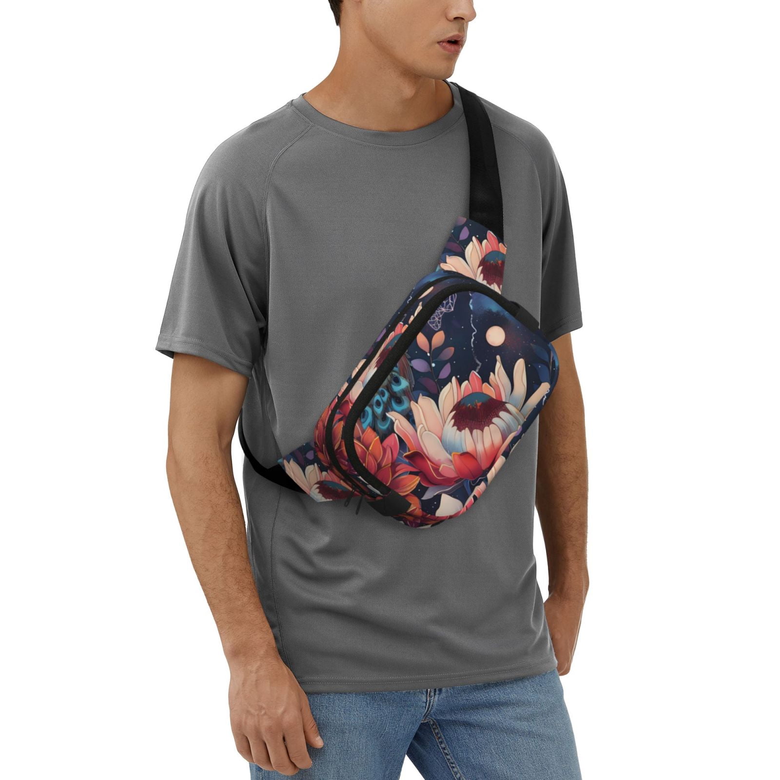 Picia Colorful Flower Peacock Print Square Double-Layer Waist Bag Mini Adjustable Waist Belt Bag Exercise Running Travel Hiking