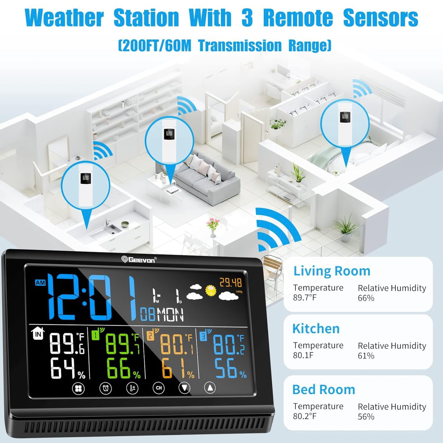 Weather Station Wireless Indoor Outdoor Thermometer 3 Sensors, Color Display Digital Temperature Humidity Monitor with Barometer, Calendar, USB Charge and Adjustable Backlight