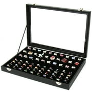 HS Ring Display Box Case - Jewelry Storage Organizer with Glass Lid & Velvet Lining - Holder Tray Fits up to 100 Rings - Black