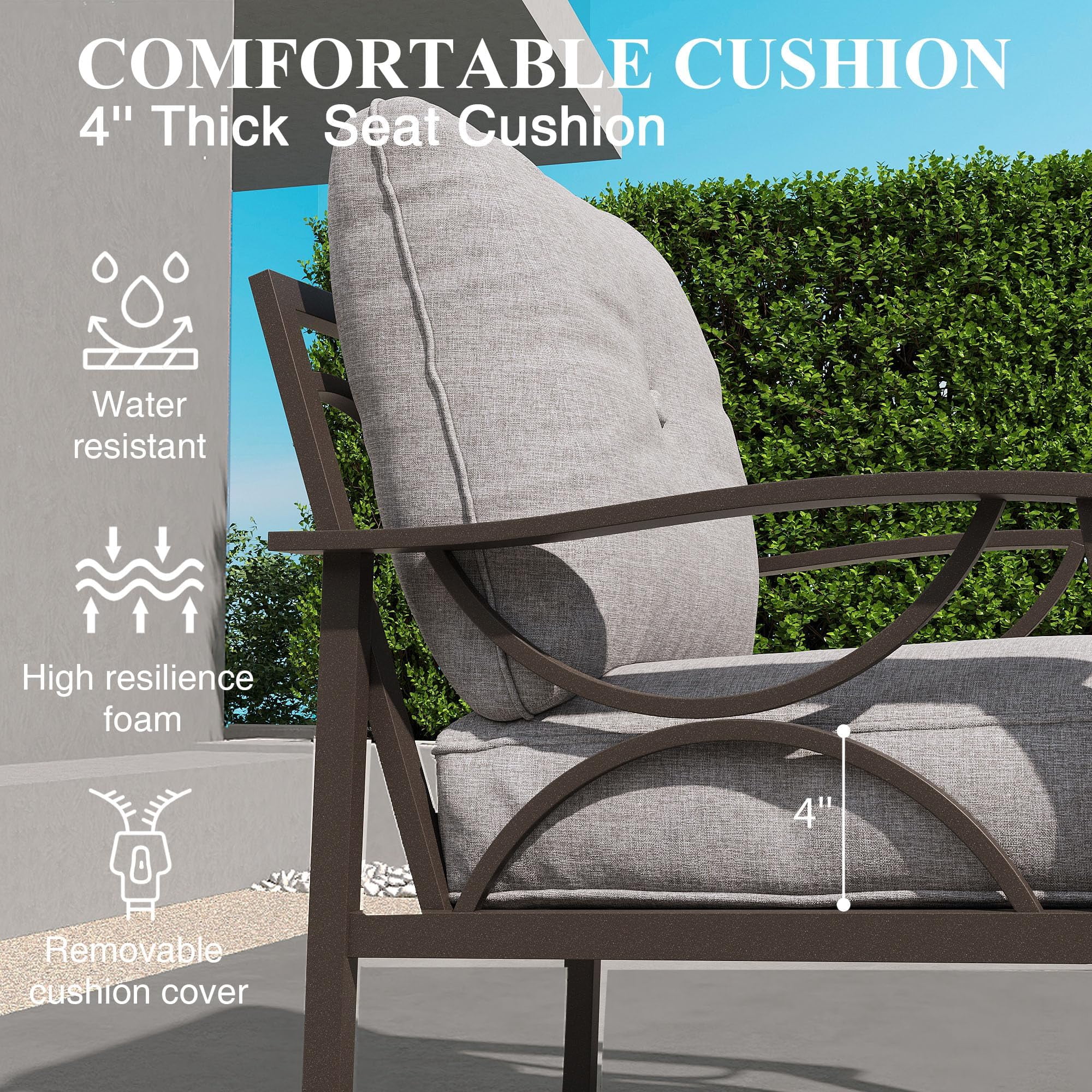 Heynemo Patio 3 Seat Sofa Outdoor Couch - All-Weather Metal Frame - 3 Piece, Gray Cushions