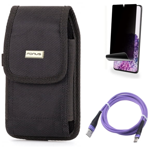 Case Belt Clip w 6ft USB Cable w Privacy Screen Protector for Samsung Galaxy S20 Plus - Swivel Holster Rugged, Purple Type-C Charger Cord, TPU Film [NOT GLASS] [Fingerprint fits Galaxy S20 Plus
