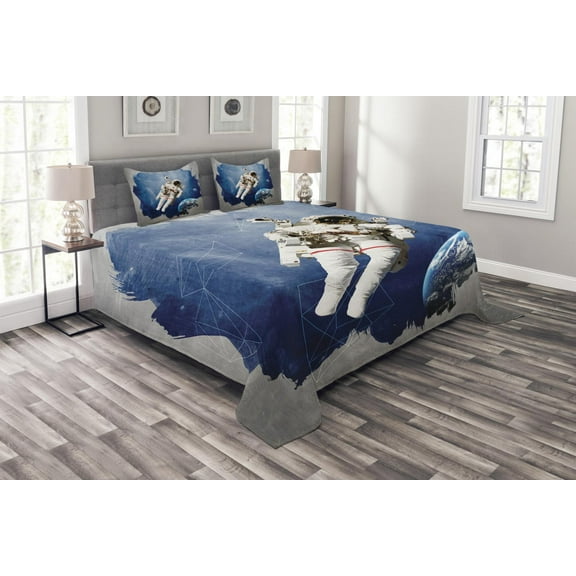 Ambesonne Galaxy Quilted Bedspread Set 3 Pcs, Digital Planet Earth, Queen Size, Blue Grey