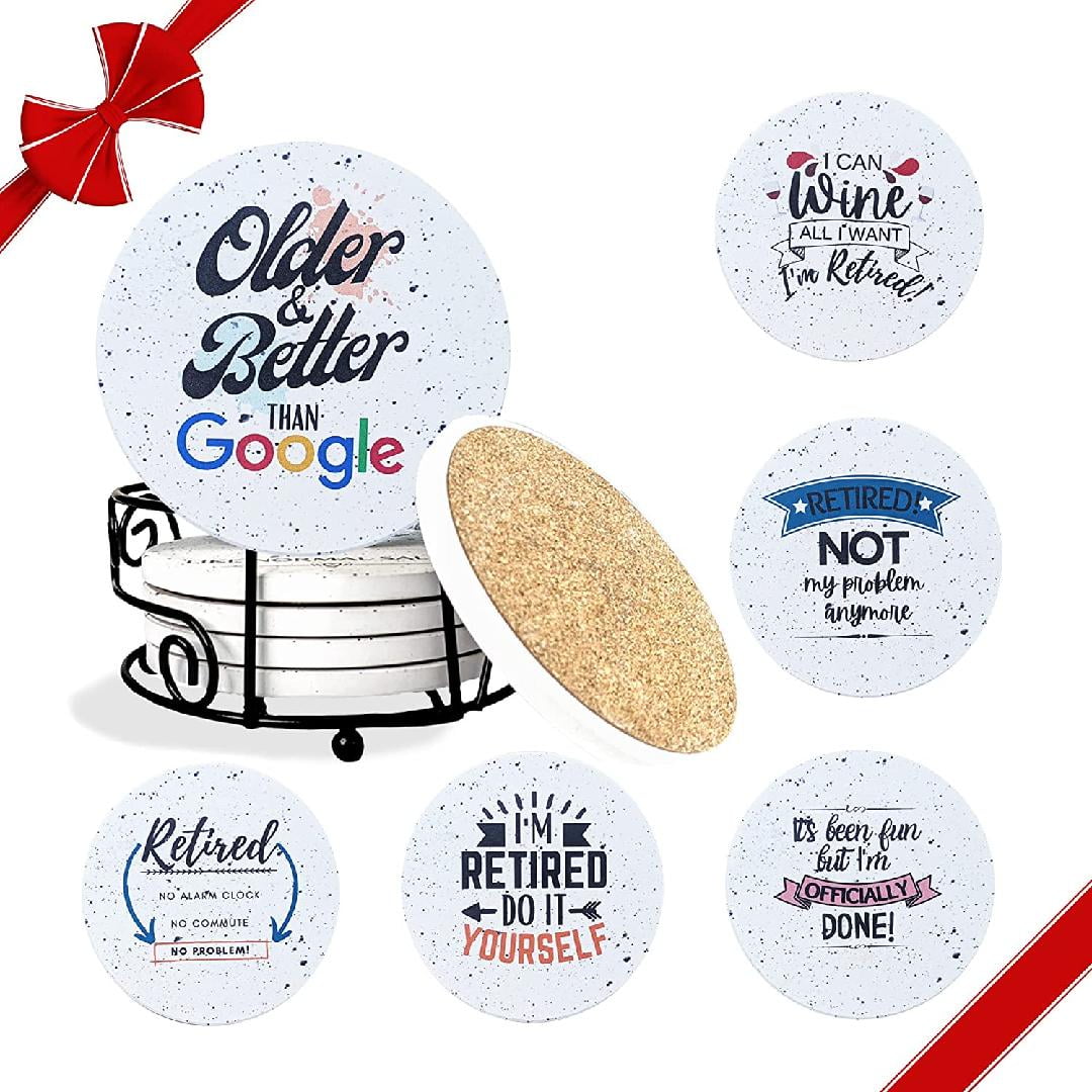 Store Retirement Gifts for Women & Men, Retired Friends, Co-Worker, Boss, Teachers, Nurses, Mom, Grandma, Retirees, Funny Happy Sayings, Absorbent Ceramic Coasters w/ Holder Gift Box Included Store Retirement Gifts for Women & Men, Retired Friends, Co-Worker, Boss, Teachers, Nurses, Mom, Grandma, Retirees, Funny Happy Sayings, Absorbent Ceramic Coasters w/ Holder Gift Box Included