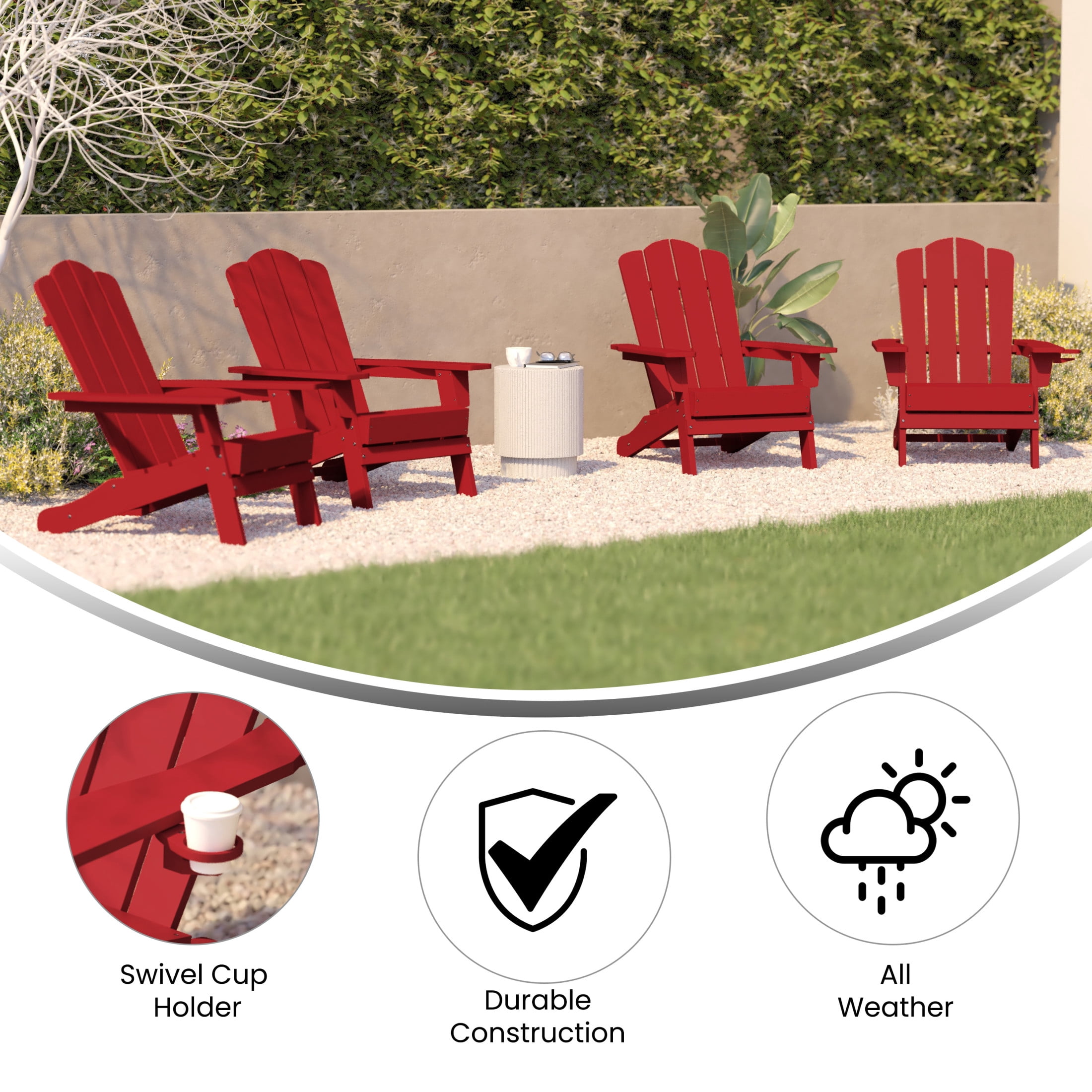 BizChair Adirondack Chair with Cup Holder, Weather Resistant HDPE Adirondack Chair in Red, Set of 4