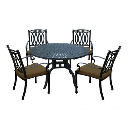 Fully Welded Chair - Aluminum 5 Piece Dining Set with 48in. Round Dining Table and 4 Fully Welded Cast Aluminum Sunbrella cushioned Dining Chairs