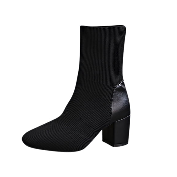 Xfvqtps Womens Boots Mid Calf Knit Shoe Upper Square Toe Chunky Mid Heel Pull on Elastic Fashion Casual Heel Boots Black