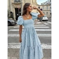 thumbnail image 2 of Blue And White Plaid Square Neck Puff Sleeve Tiered Midi Dress For Women, 2 of 6
