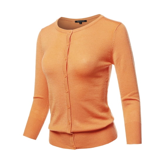 FashionOutfit Women's Solid Crew Neck Button Down 3/4 Sleeves Knit Cardigan