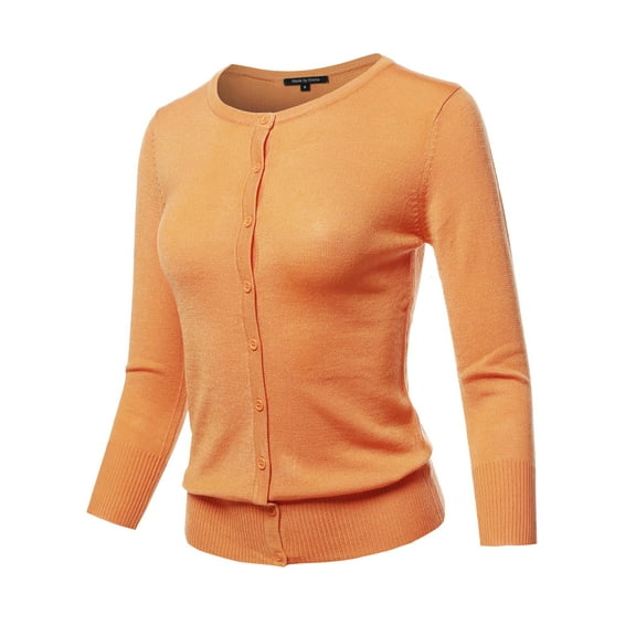 FashionOutfit Women's Solid Crew Neck Button Down 3/4 Sleeves Knit Cardigan