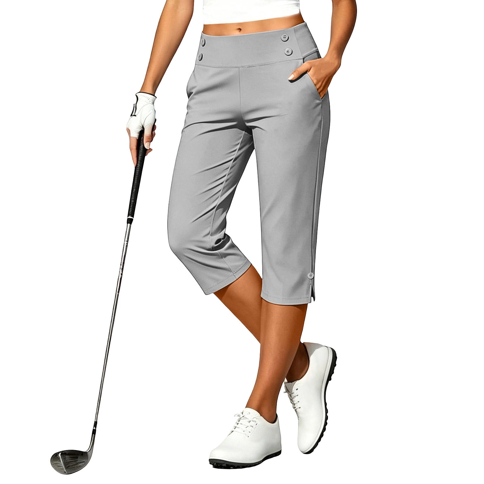 Oiangi Plus Size Golf Capris with Pockets for Women High Waist Stretch Yoga Pants Button Split Hem Capri Pant Gray 5XL