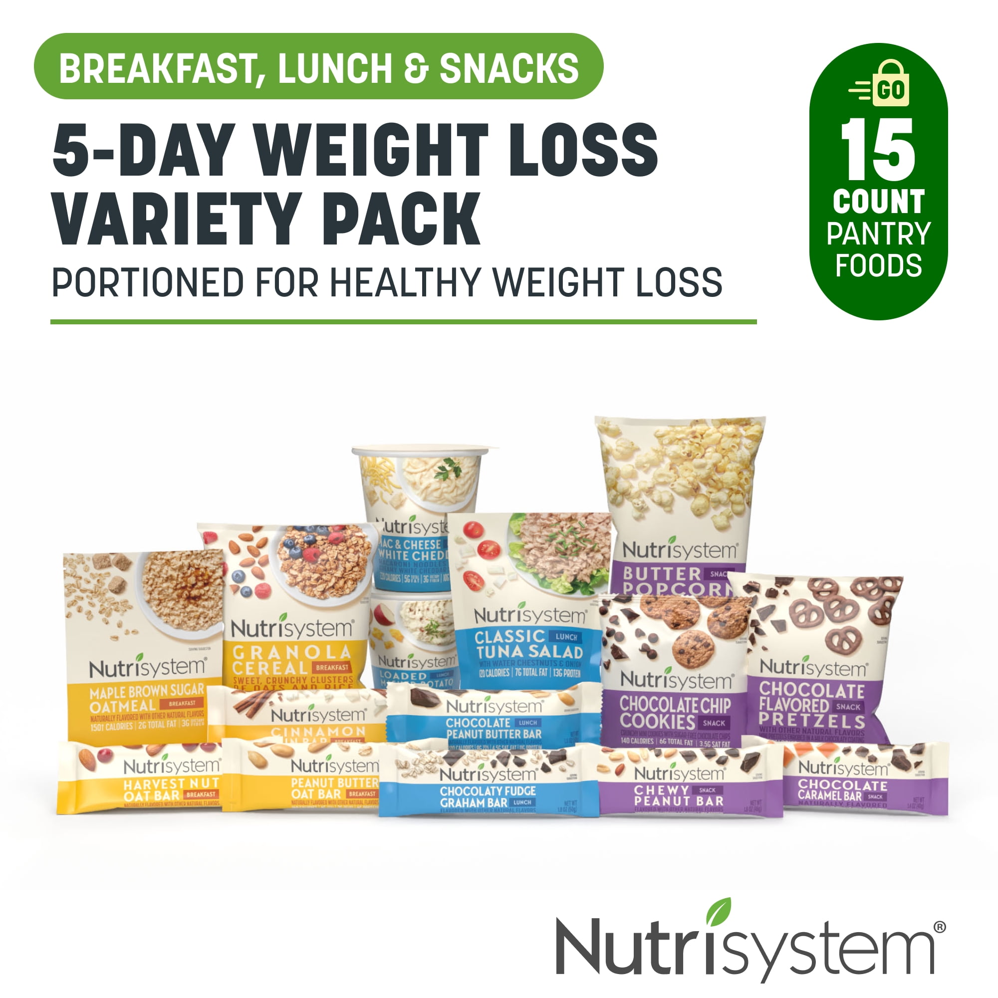 Nutrisystem 5-Day Weight Loss Variety Pack, Breakfasts, Lunches, and Snacks, 15 Count (Shelf-stable)