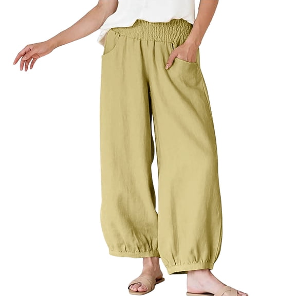 BUIGTTKLOP Womens Wide Leg Pants Cotton Linen Pants Elastic Waisted Lounge Trousers with Pockets