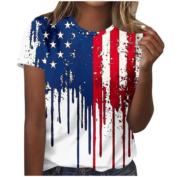 ZGRBOU 4Th of July Shirts for Womens Summer Printed Short Sleeve Crewneck Tops Casual American Flag Patriotic Shirt