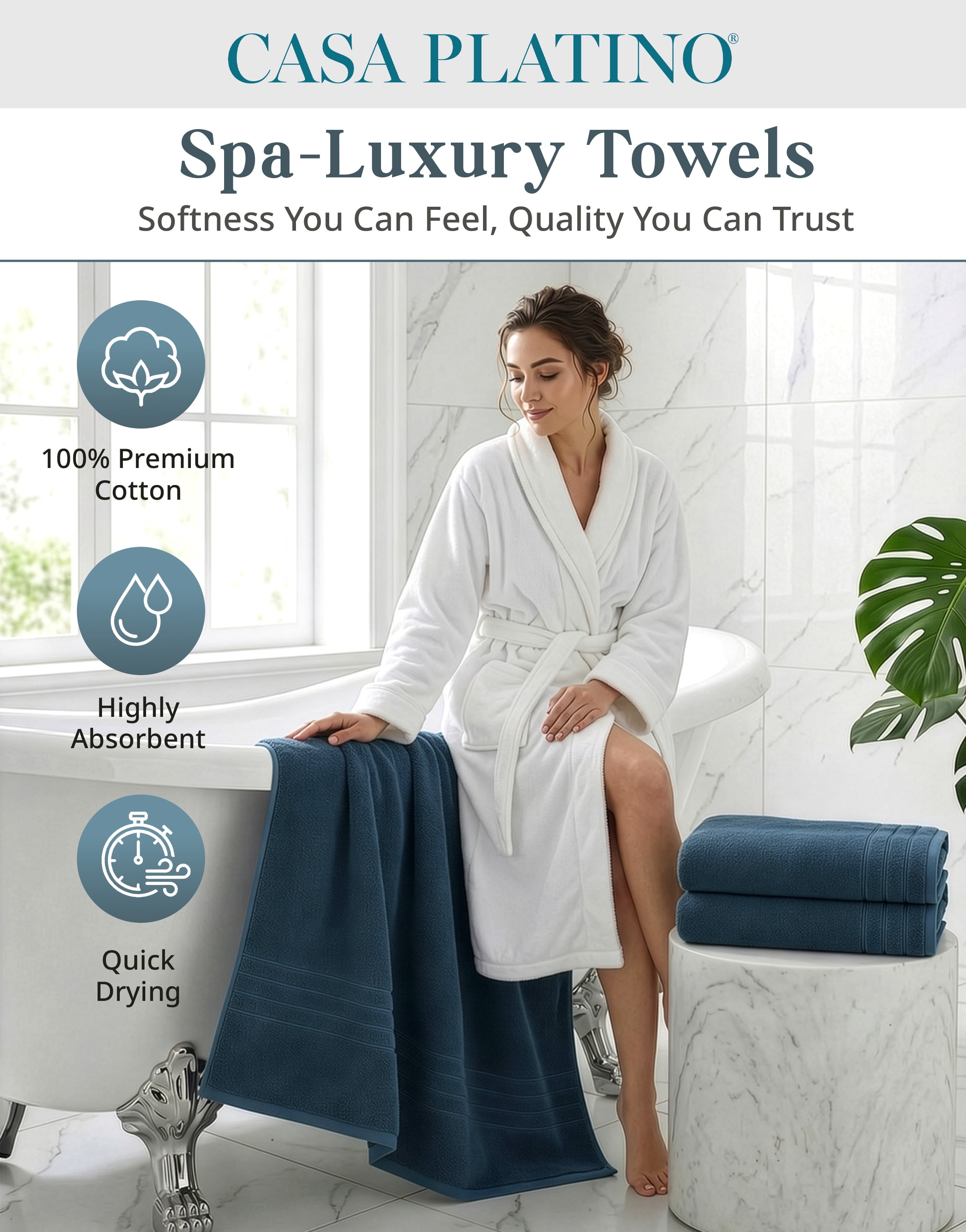 Casa Platino 4-Pack Large Bath Towels for Bathroom – Soft, Highly Absorbent & Quick-Dry, Ring Spun Cotton Towels for Home & Spa - Steel Blue