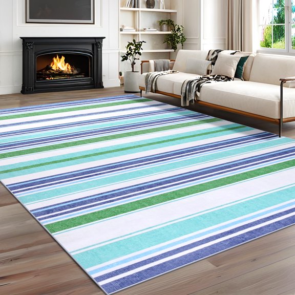Wellber Soft Rugs Vintage Striped Area Rug Accent Carpet for Bedroom Living Room Home Decor,4'x6',Blue