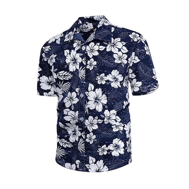 Camisa de playa de manga corta para hombre, camisa informal a la moda con botones y cuello vuelto, estampado para vacaciones de verano, azul y blanco M