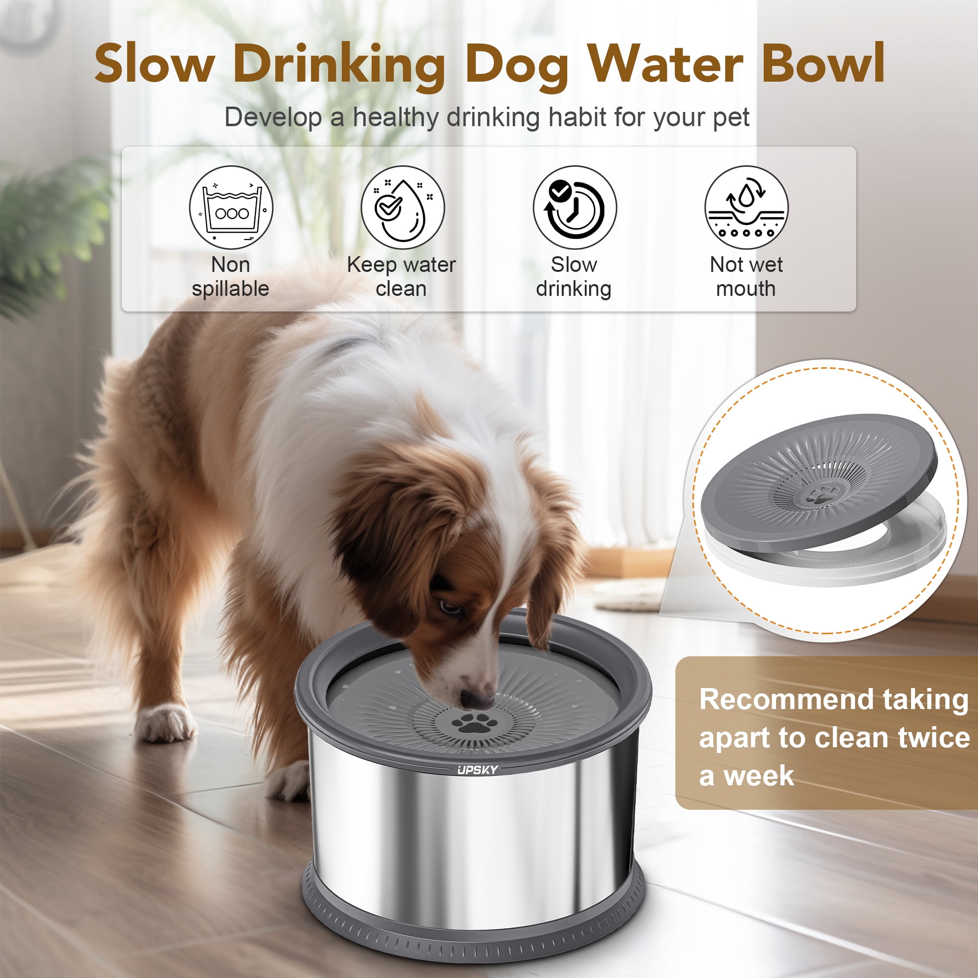 UPSKY 6.5L Dog Water Bowl, 1.6 Gallon Super Large Capacity No Spill r Bowl, Stainless Steel Spill Proof Slow Water Feeder No Splash