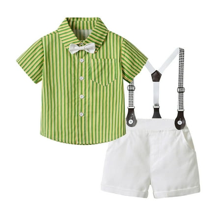 

Follure Toddler Boys Short Sleeve Shirt Striped Tops Suspender Shorts With Tie Child Kids Gentleman Outfits Boys Tuxedo Pants Dress with Suspenders