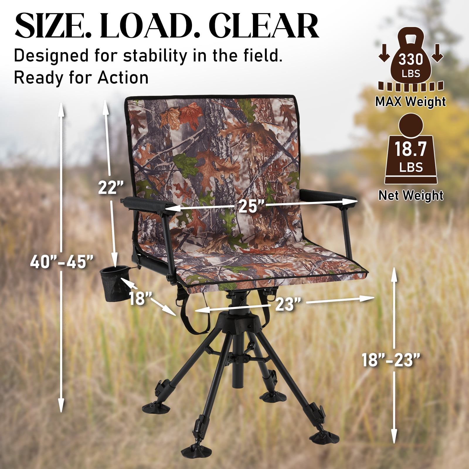 Bezliving 360° Silent Camo Hunting Blind Chair, Armrests, Side Pouch, Telescopic Legs
