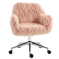 CQAOE Fluffy Office Desk Chair, Faux Fur Modern Swivel Armchair with Wheels, Soft Comfy Fuzzy Elegant Accent Makeup Vanity Chairs for Women Girls, Home Living Dressing Room Bedroom, Pink