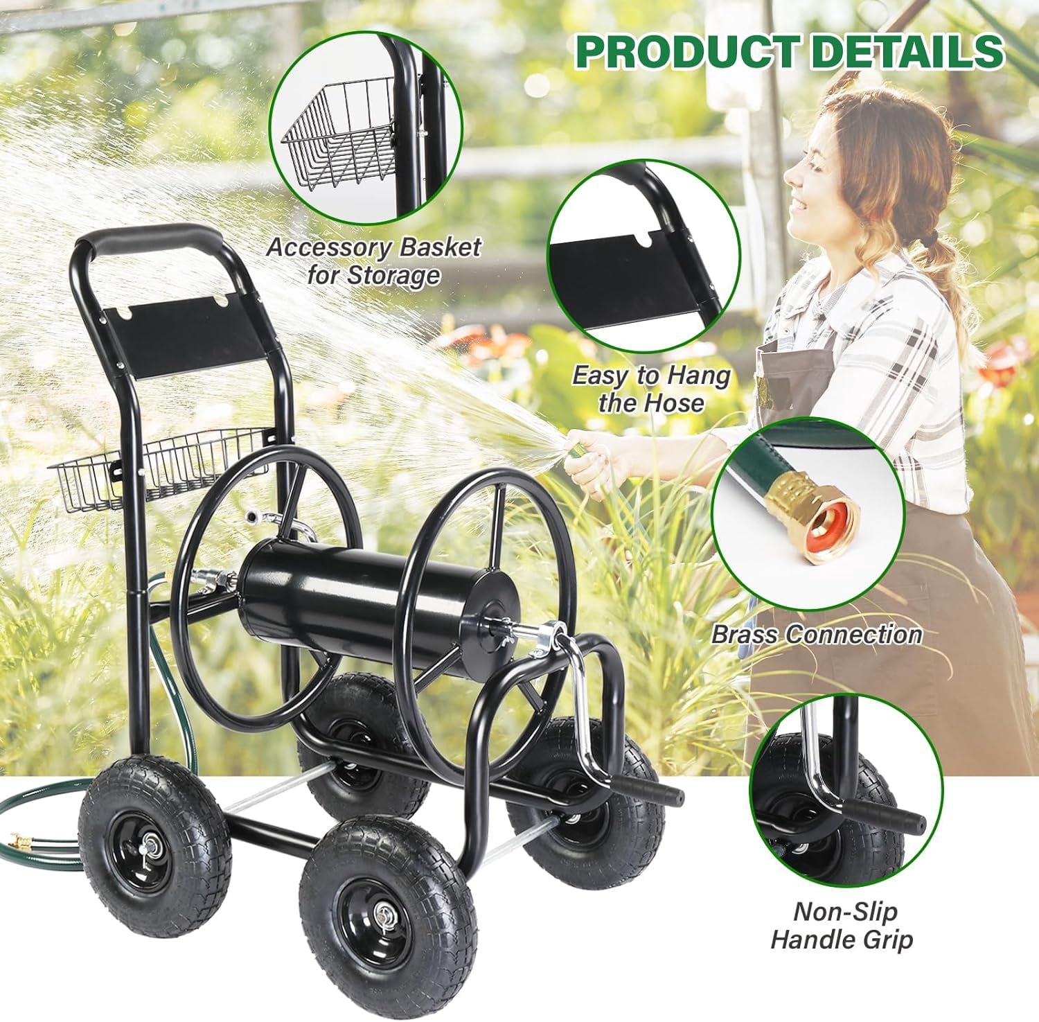Neatifyes 4-Wheel Garden Hose Reel Cart with Storage Basket, Portable Residential Hose Reel Cart, Lawn Watering, for Garden Backyard and Farm