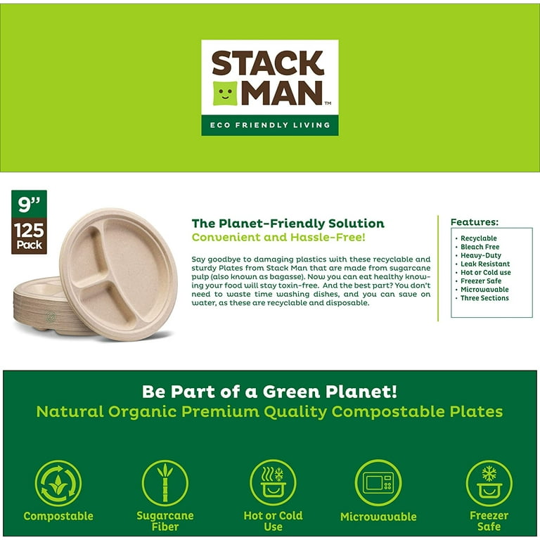100% Compostable 9 inch Heavy-Duty Plates [125-Pack] Eco-Friendly Disposable White Bagasse Plate, Made of Natural Sugarcane Fibers - 9 Biodegradable