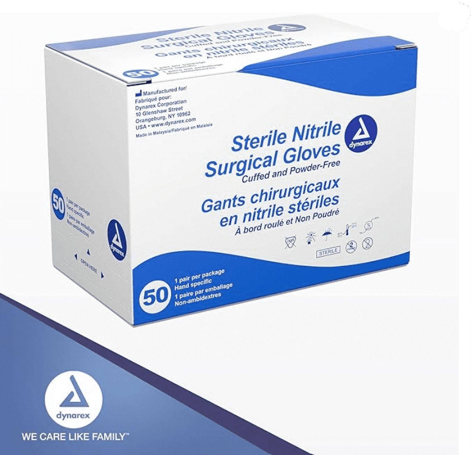 Dynarex Sterile Nitrile Surgical Gloves, Powder-Free and Puncture-Resistant Nitrile Gloves, 5-8 Mil, Sizes 6/6.5/7/705/8, White, Box of 50 or Case of 200